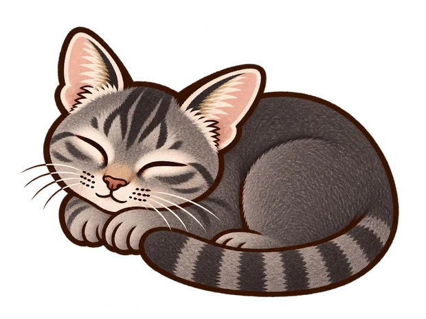 しま模様の猫が丸くなって眠る手描き風イラスト。しぐさのイメージ